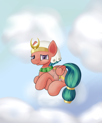 Size: 1500x1800 | Tagged: safe, artist:huffy26, somnambula, pegasus, pony, atg 2019, clothes, cloud, crossed hooves, female, looking at you, mare, newbie artist training grounds, sky, smiling, solo