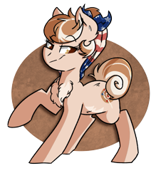 Size: 553x630 | Tagged: safe, artist:modularpon, oc, oc only, oc:cinnamon spangled, earth pony, pony, abstract background, bandana, chest fluff, clothes, cute, female, looking at you, mare, smug, solo