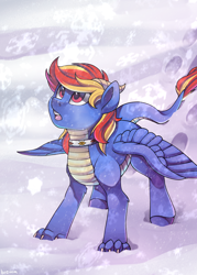 Size: 2500x3500 | Tagged: safe, artist:breioom, oc, oc:draco flames, dracony, dragon, hybrid, pony, collar, male, paws, snow, snowflake, solo, wings