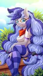 Size: 2000x3500 | Tagged: safe, artist:ask-colorsound, oc, oc only, oc:cinnabyte, anthro, adorkable, bandana, clothes, cute, dork, glasses, looking at you, park, shirt, sitting, smiling, socks, striped socks