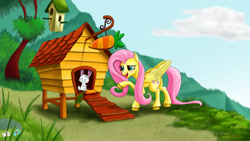 Size: 3840x2160 | Tagged: safe, artist:tauts05, angel bunny, fluttershy, pegasus, pony, dragonshy, redraw, shed