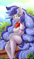 Size: 2000x3500 | Tagged: safe, artist:ask-colorsound, oc, oc only, oc:cinnabyte, anthro, earth pony, adorkable, anthro oc, bandana, clothes, cute, dork, female, glasses, looking at you, mare, outdoors, park, shirt, sitting, smiling, solo