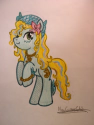 Size: 2346x3128 | Tagged: safe, artist:nurkako, earth pony, ghoul, monster pony, pony, barely pony related, bracelet, crossover, fins, flower, flower in hair, jewelry, lagoona blue, mattel, monster, monster high, necklace, ponified, sea creature, sea monster