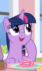 Size: 531x887 | Tagged: safe, screencap, twilight sparkle, twilight sparkle (alicorn), alicorn, the ending of the end, cropped, cute, donut, food, offscreen character, solo, twiabetes