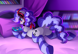 Size: 4444x3087 | Tagged: safe, artist:airiniblock, oc, oc only, oc:cinnabyte, earth pony, pony, absurd resolution, bed, bedroom, butt, clothes, commission, cutie mark, dragapult, featureless crotch, female, glasses, headset, headset mic, mare, nintendo switch, perrserker, pillow, playing, pokemon sword and shield, pokémon, shiny pokémon, socks, solo, striped socks