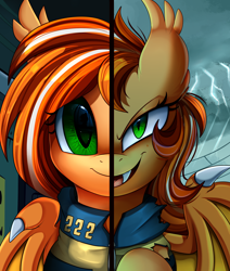 Size: 2550x3009 | Tagged: safe, artist:pridark, oc, oc only, oc:pumpkin patch, bat pony, pony, bat pony oc, bust, clothes, commission, high res, looking at you, open mouth, portrait, smiling, solo, two sided posters