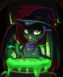 Size: 808x989 | Tagged: safe, artist:auroracursed, oc, oc only, bat pony, pony, bat pony oc, bat wings, cauldron, clothes, deviantart watermark, female, hat, mare, night, obtrusive watermark, solo, watermark, wings, witch, witch hat, ych result