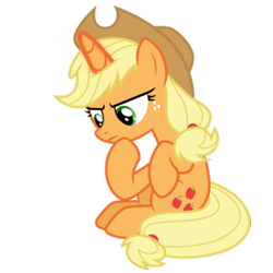 Size: 1773x1773 | Tagged: safe, artist:cloudyglow, edit, editor:rain sunburst, applejack, pony, unicorn, female, freckles, mare, race swap, simple background, sitting, solo, transparent background, vector, vector edit