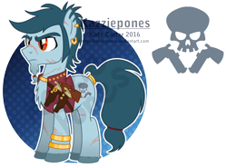 Size: 1024x757 | Tagged: safe, artist:kazziepones, oc, oc:flintloch, earth pony, pony, clothes, gun, handgun, male, pistol, solo, stallion, vest