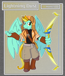 Size: 1688x1950 | Tagged: safe, artist:brownie-bytes, lightning dust, anthro, unguligrade anthro, bow (weapon), clothes, crossover, final fantasy, fingerless gloves, gloves, solo, weapon