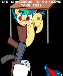 Size: 4184x5000 | Tagged: safe, alternate version, artist:anonymous, edit, oc, oc:apogee, oc:nasapone, earth pony, pegasus, /mlp/, ak, ak-47, assault rifle, black background, desk, duo, ethereal mane, female, filly, gun, mare, meme, offering, rifle, simple background, starry mane, surgical mask, table, take this, text, the legend of zelda, weapon