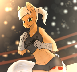 Size: 1158x1080 | Tagged: safe, artist:almond evergrow, applejack, anthro, earth pony, pony, abs, applerack, bandage, breasts, clothes, confident, fight, fighter, gym shorts, lights, offscreen character, pov, sexy, smiling, smiling at you, sweat, tanktop, taped fists, thighs, thrasher, wrestling ring, wristband