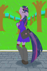 Size: 3200x4800 | Tagged: safe, artist:fascismnotincluded, twilight sparkle, anthro, unguligrade anthro, clothes, female, purse, rain, schoolgirl, solo, tree, umbrella