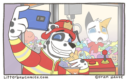 Size: 800x500 | Tagged: safe, artist:fran hause, derpibooru import, rainbow dash, anthro, cat, dog, duck, barely pony related, bonus panel, claw machine, comic, crying, firefighter, garfield, litterbox comics, plushie, selfie