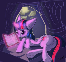 Size: 2100x2000 | Tagged: safe, artist:cinnamonnnnn, twilight sparkle, twilight sparkle (alicorn), alicorn, pony, book, cloud, magic, moon, night, sketch, solo, window