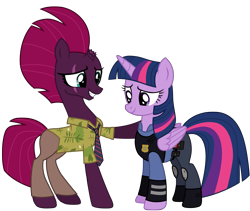Size: 12012x10137 | Tagged: safe, artist:ejlightning007arts, tempest shadow, twilight sparkle, twilight sparkle (alicorn), alicorn, unicorn, my little pony: the movie, base used, broken horn, clothes, cosplay, costume, eye scar, female, hawaiian shirt, hoof on shoulder, horn, judy hopps, lesbian, mare, necktie, nick wilde, police, police officer, police uniform, scar, shipping, shirt, simple background, smiling, tempestlight, transparent background, vector, zootopia