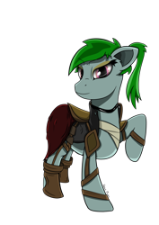 Size: 1280x1804 | Tagged: safe, artist:rene-owen, artist:reneowen, earth pony, pony, armor, bandage, clothes, green hair, jacket, leather boots, leather jacket, pose, red dress, simple background, standing