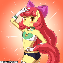 Size: 750x750 | Tagged: safe, artist:lumineko, apple bloom, anthro, earth pony, adorabloom, adorasexy, apple bloomed, apple bloomers, ass, bandeau, blushing, bow, breasts, clothes, cute, female, gloves, hair bow, hand on hip, looking at you, midriff, sexy, shorts, smiling, solo, sports panties