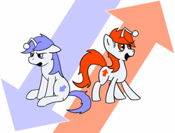 Size: 2800x2141 | Tagged: safe, artist:0coke, oc, oc only, oc:discentia, oc:karma, pony, unicorn, cutie mark, downvote, duo, female, mare, open mouth, ponified, reddit, simple background, sitting, standing, upvote