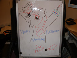 Size: 2828x2121 | Tagged: safe, artist:evamonkey, oc, oc only, oc:karma, pony, unicorn, anniversary, arms in the air, cake, cutie mark, female, food, happy birthday, irl, lineart, mare, marker drawing, photo, ponified, reddit, solo, traditional art, whiteboard