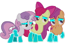 Size: 814x538 | Tagged: safe, artist:angrymetal, apple bloom, scootaloo, sweetie belle, hard to say anything, 1000 hours in ms paint, clothes, cutie mark, cutie mark crusaders, flirting, makeup, simple background, socks, the cmc's cutie marks, transparent background