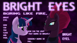 Size: 3840x2160 | Tagged: safe, artist:ejlightning007arts, tempest shadow, twilight sparkle, twilight sparkle (alicorn), alicorn, unicorn, my little pony: the movie, armor, art garfunkel, bright eyes (song), broken horn, cute, eye scar, female, horn, lesbian, looking at each other, scar, shipping, song reference, tempestlight, text