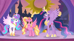 Size: 5775x3161 | Tagged: safe, artist:velveagicsentryyt, luster dawn, princess flurry heart, princess twilight 2.0, twilight sparkle, twilight sparkle (alicorn), alicorn, pony, the last problem, absurd resolution, alicornified, base used, lustercorn, older, older flurry heart, race swap