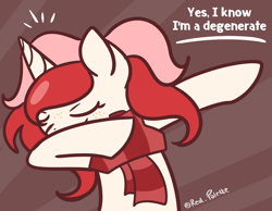 Size: 1014x788 | Tagged: safe, artist:redpalette, oc, oc only, oc:red palette, pony, unicorn, clothes, dab, female, freckles, mare, meme, red, scarf