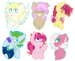 Size: 1011x830 | Tagged: safe, artist:vanillaswirl6, bifröst, fuchsia frost, lucky charm (character), morning dew, strawberry scoop, summer breeze, earth pony, pegasus, pony, background pony, blushing, bow, braid, bust, chest fluff, clothes, eyes closed, female, friendship student, hair bow, hair tie, jersey, one eye closed, open mouth, simple background, smiling, transparent background, water bottle, wink