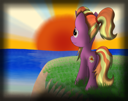 Size: 3068x2419 | Tagged: safe, artist:thevintagepone, luster dawn, pony, unicorn, the last problem, ocean, rear view, rising sun, shore, solo, sun