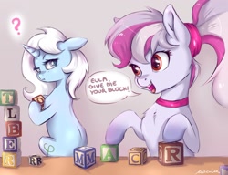 Size: 1280x985 | Tagged: safe, artist:buttersprinkle, oc, oc only, oc:eula phi, oc:windbreaker, pegasus, pony, unicorn, blocks, commission, duo, female, floppy ears, looking back, simple background, text