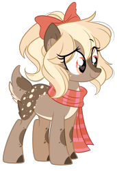 Size: 1975x2884 | Tagged: safe, artist:emberslament, oc, oc only, oc:cookie doe, deer, deer pony, original species, bow, clothes, eye clipping through hair, female, freckles, hair bow, heart eyes, scarf, simple background, solo, transparent background, wingding eyes
