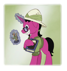 Size: 674x714 | Tagged: safe, artist:ravenpuff, daring do, oc, oc only, pony, unicorn, clothes, glasses, glowing horn, grin, hat, hoof hold, horn, magic, male, pith helmet, roan rpg, simple background, smiling, solo, stallion, telekinesis, transparent background, unicorn oc, unshorn fetlocks