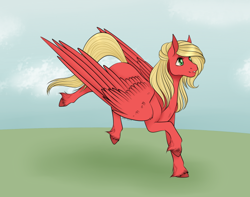 Size: 640x504 | Tagged: safe, artist:caff, oc, pegasus, female, happy, red, simple background, wings