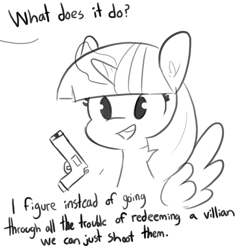 Size: 1080x1080 | Tagged: safe, artist:tjpones, part of a set, pinkie pie, twilight sparkle, twilight sparkle (alicorn), alicorn, pony, dialogue, female, grayscale, gun, magic, mare, monochrome, offscreen character, open mouth, rooty tooty point and shooty, simple background, telekinesis, weapon, white background