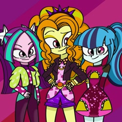 Size: 768x768 | Tagged: safe, artist:nene, adagio dazzle, aria blaze, sonata dusk, better together, equestria girls, adoragio, ariabetes, cute, female, hands behind back, minidress, sonatabetes, taco dress, the dazzlings, trio, trio female