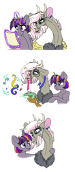 Size: 650x1472 | Tagged: safe, artist:celestial-rainstorm, oc, oc only, oc:athena, oc:dawn star, draconequus, hybrid, unicorn, female, interspecies offspring, magic, mare, offspring, parent:discord, parent:fluttershy, parents:discoshy, parents:twigian, ribbon, scroll