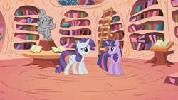 Size: 1280x720 | Tagged: safe, derpibooru import, edit, edited screencap, screencap, rarity, spike, twilight sparkle, unicorn twilight, dragon, pony, unicorn, look before you sleep, molt down, abuse, golden oaks library, implied grimdark, petrification, spikeabuse, statue