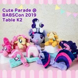 Size: 894x894 | Tagged: safe, artist:catnapcaps, derpibooru import, applejack, fluttershy, minty, pinkie pie, rarity, sugar belle, twilight sparkle, twilight sparkle (alicorn), alicorn, earth pony, pegasus, pony, unicorn, g3, baby, baby pony, beanie (plushie), female, folded wings, g3 to g4, generation leap, group, hat, horn, irl, mare, photo, plushie, prone, tongue out, wings