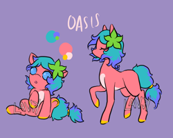 Size: 1000x800 | Tagged: safe, artist:lavvythejackalope, oc, oc only, oc:oasis (yuki katseratsu), earth pony, pony, :o, baby, baby pony, colored hooves, duo, earth pony oc, eyes closed, flowerin hair, open mouth, raised hoof, reference sheet, simple background, sitting, text, underhoof