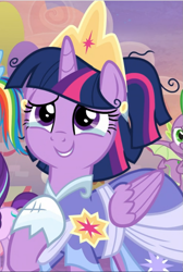 Size: 631x940 | Tagged: safe, screencap, spike, twilight sparkle, twilight sparkle (alicorn), alicorn, dragon, the last problem, cropped, crown, crying, jewelry, messy mane, offscreen character, regalia, second coronation dress, solo focus, tears of joy, teary eyes
