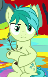 Size: 341x544 | Tagged: safe, screencap, sandbar, earth pony, pony, uprooted, cropped, male, sandbar is not amused, sapling, solo