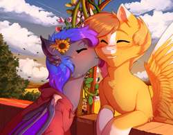 Size: 3145x2457 | Tagged: safe, artist:hakkids2, oc, oc only, oc:grey, oc:pwospewity, bat pony, pegasus, pony, blushing, chest fluff, clothes, cloud, cute, ear fluff, eyes closed, flower, flower in hair, happy, hoodie, kissing, male, sky, stallion, warm