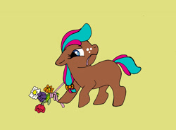 Size: 2853x2102 | Tagged: safe, artist:cavelupa, oc, oc only, oc:blossom, earth pony, pony, bouquet, earth pony oc, flower, freckles, mouth hold, ribbon, simple background, solo