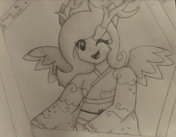 Size: 3574x2785 | Tagged: safe, artist:breeze the peryton, oc, oc:breeze the peryton, deer, human, hybrid, original species, peryton, anime style, antlers, art, clothes, cute, humanized, kimono (clothing), paper, photo, solo, traditional art, wings