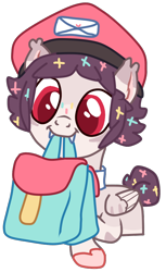 Size: 550x900 | Tagged: safe, artist:crystalharmony99, oc, oc only, oc:dandyletters (rigbythememe), pegasus, pony, to saddlebags and back again, bag, base used, fangs, half body, hat, male, simple background, solo, stallion, transparent background