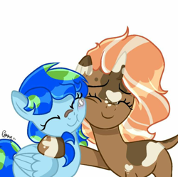 Size: 800x796 | Tagged: safe, artist:ponyart, oc, oc only, oc:earth, oc:spotty lionmane, pegasus, pony, unicorn, bandaid, base used, blushing, bruised, cheek squish, eyes closed, female, horn, hug, injured, leonine tail, lesbian, mare, shipping, signature, smiling, spotearth, spots, squishy cheeks, two toned mane