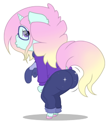 Size: 959x1086 | Tagged: safe, artist:ravenpuff, oc, oc:umbreow, anthro, unicorn, chibi, clothes, female, mare, pants, simple background, solo, sweater, transparent background, twerking