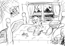 Size: 8185x5787 | Tagged: safe, artist:sollace, noi, earth pony, pony, bed, bedroom, book, candle, curtains, drawing, female, filly, foal, lying, lying on bed, matchstick, moon, mountain, nightsky, on bed, pillow, reading, smiling, solo, stars, tired, tongue out, toybox, window