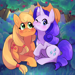 Size: 3000x3000 | Tagged: safe, artist:reallycoykoifish, applejack, rarity, earth pony, pony, unicorn, apple, apple tree, applejack's hat, couple, cowboy hat, female, food, hat, lesbian, rarijack, shipping, tree